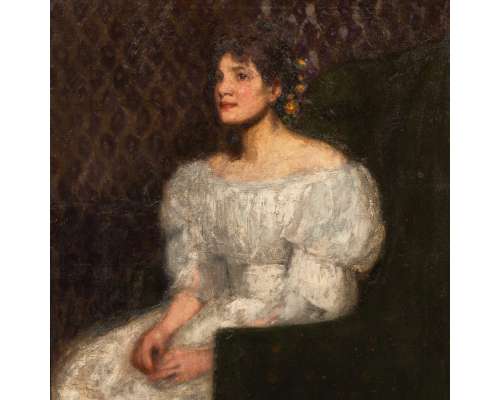 Debutant, portret van een jong meisje, olie op canvas door Ernest George Beach (1865-1943)